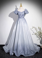 Dreamy Gradient Silver-Gray Puff Sleeve Glitter Satin Long Classy Prom Dress