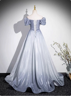 Dreamy Gradient Silver-Gray Puff Sleeve Glitter Satin Long Classy Prom Dress