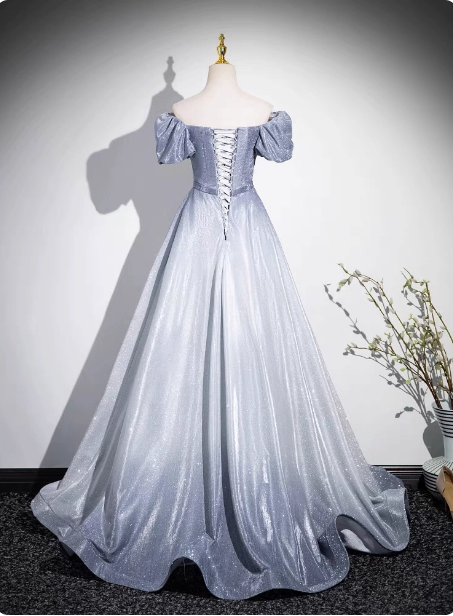 Dreamy Gradient Silver-Gray Puff Sleeve Glitter Satin Long Classy Prom Dress