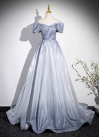 Dreamy Gradient Silver-Gray Puff Sleeve Glitter Satin Long Classy Prom Dress