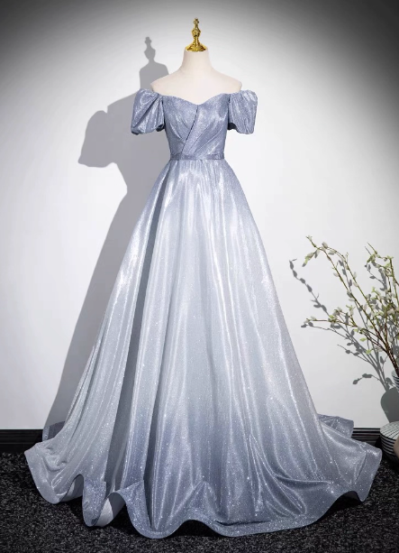 Dreamy Gradient Silver-Gray Puff Sleeve Glitter Satin Long Classy Prom Dress