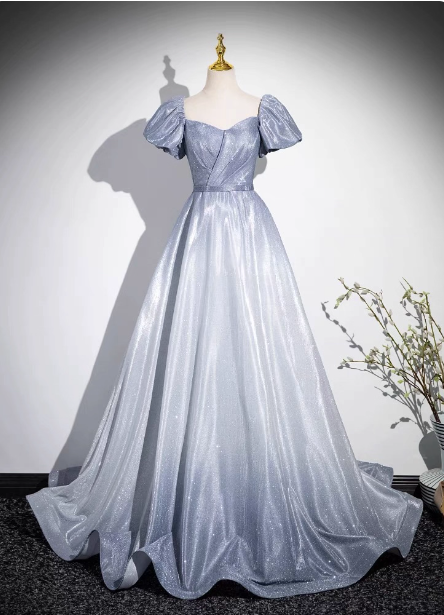 Dreamy Gradient Silver-Gray Puff Sleeve Glitter Satin Long Classy Prom Dress