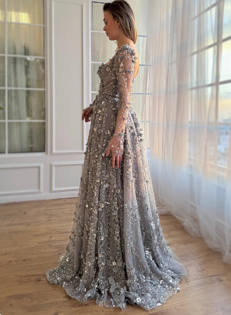 Dreamy Grey A-Line Square Neck Long Sleeve 3D Floral Sequin Tulle Long Classy Prom Dress Secondary image