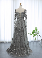 Dreamy Grey A-Line Square Neck Long Sleeve 3D Floral Sequin Tulle Long Classy Prom Dress