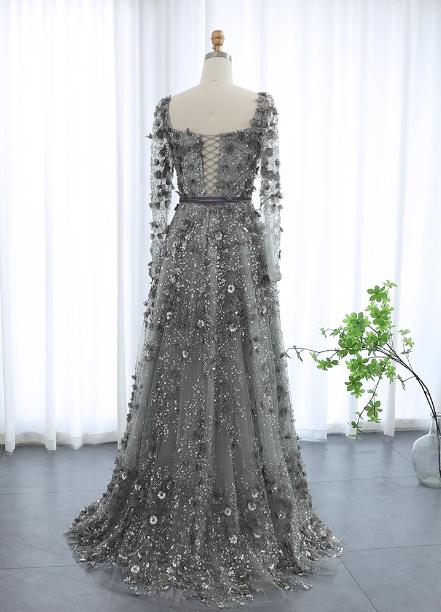 Dreamy Grey A-Line Square Neck Long Sleeve 3D Floral Sequin Tulle Long Classy Prom Dress