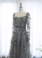Dreamy Grey A-Line Square Neck Long Sleeve 3D Floral Sequin Tulle Long Classy Prom Dress
