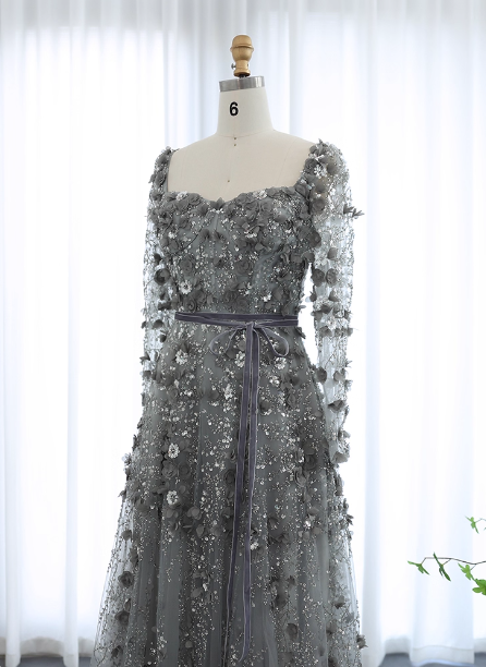 Dreamy Grey A-Line Square Neck Long Sleeve 3D Floral Sequin Tulle Long Classy Prom Dress