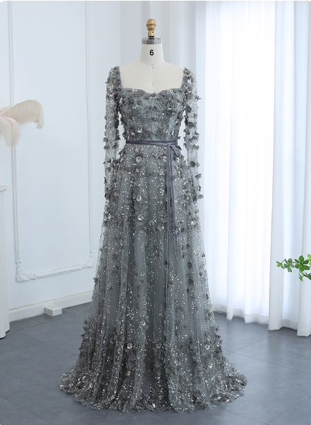 Dreamy Grey A-Line Square Neck Long Sleeve 3D Floral Sequin Tulle Long Classy Prom Dress Main image
