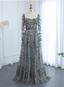 Dreamy Grey A-Line Square Neck Long Sleeve 3D Floral Sequin Tulle Long Classy Prom Dress