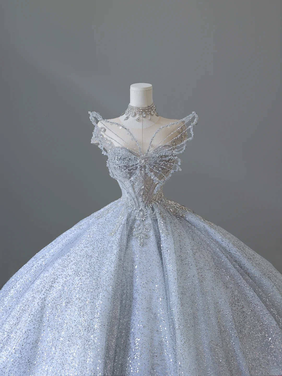 Dreamy Ice Crystal Blue Shiny Bowknot Floor-Length Wedding Dress