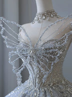 Dreamy Ice Crystal Blue Shiny Bowknot Floor-Length Wedding Dress