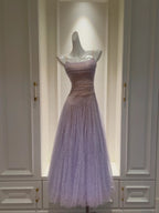 Dreamy Lavender A-Line Suspender Strap Pleated Tulle Long Classy Prom Dress