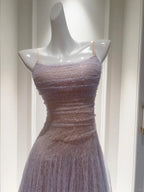 Dreamy Lavender A-Line Suspender Strap Pleated Tulle Long Classy Prom Dress