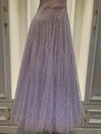Dreamy Lavender A-Line Suspender Strap Pleated Tulle Long Classy Prom Dress