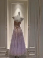 Dreamy Lavender A-Line Suspender Strap Pleated Tulle Long Classy Prom Dress