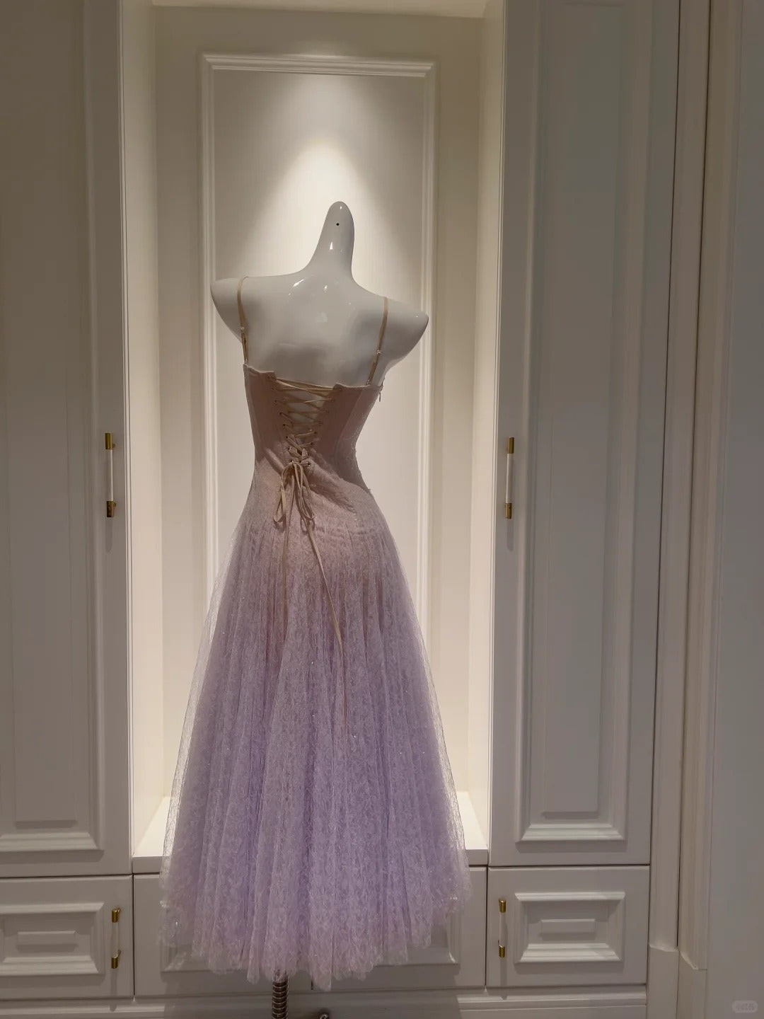 Dreamy Lavender A-Line Suspender Strap Pleated Tulle Long Classy Prom Dress