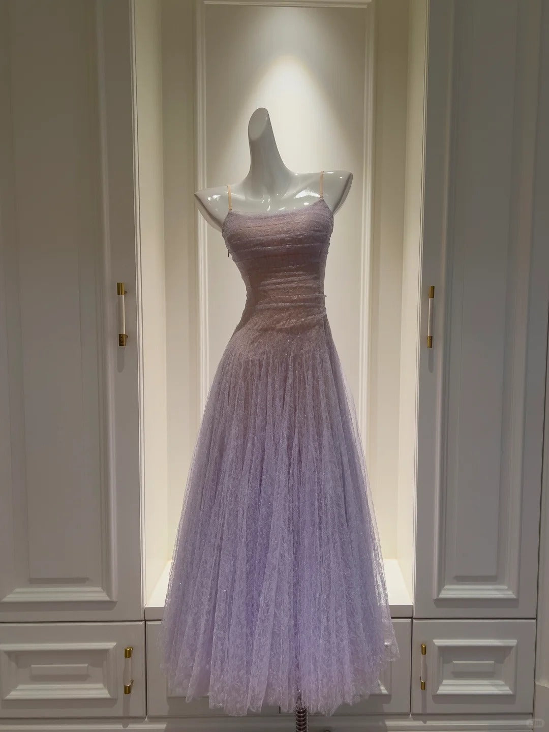 Dreamy Lavender A-Line Suspender Strap Pleated Tulle Long Classy Prom Dress