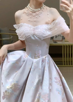 Dreamy Lavender Gray Pink A-Line Off-The-Shoulder Printed Satin Long Classy Prom Dress