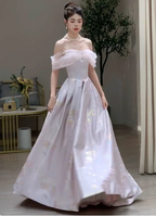 Dreamy Lavender Gray Pink A-Line Off-The-Shoulder Printed Satin Long Classy Prom Dress