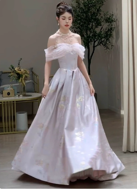 Dreamy Lavender Gray Pink A-Line Off-The-Shoulder Printed Satin Long Classy Prom Dress