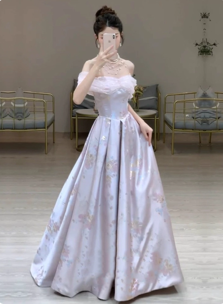 Dreamy Lavender Gray Pink A-Line Off-The-Shoulder Printed Satin Long Classy Prom Dress Main image