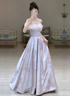 Dreamy Lavender Gray Pink A-Line Off-The-Shoulder Printed Satin Long Classy Prom Dress