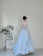 Dreamy Light Blue A-Line Strapless Tulle Floor-Length Classy Prom Dress