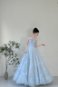 Dreamy Light Blue A-Line Strapless Tulle Floor-Length Classy Prom Dress