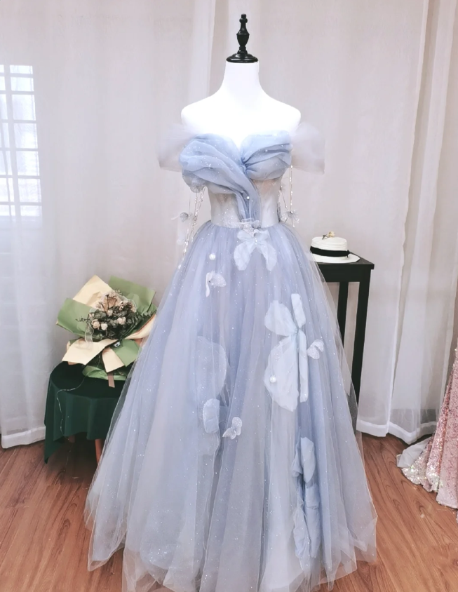 Dreamy Light Blue Butterfly Off-Shoulder Tulle Floor Length Ball Gown Prom Dress