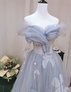 Dreamy Light Blue Butterfly Off-Shoulder Tulle Floor Length Ball Gown Prom Dress