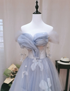 Dreamy Light Blue Butterfly Off-Shoulder Tulle Floor Length Ball Gown Prom Dress