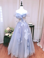 Dreamy Light Blue Butterfly Off-Shoulder Tulle Floor Length Ball Gown Prom Dress