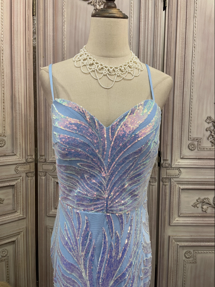 Dreamy Light Blue Ombre Mermaid Spaghetti Strap Iridescent Sequin Train Classy Prom Dress