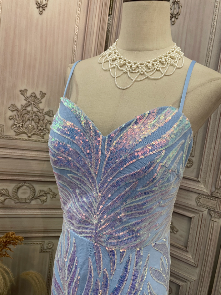 Dreamy Light Blue Ombre Mermaid Spaghetti Strap Iridescent Sequin Train Classy Prom Dress