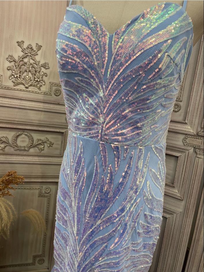 Dreamy Light Blue Ombre Mermaid Spaghetti Strap Iridescent Sequin Train Classy Prom Dress