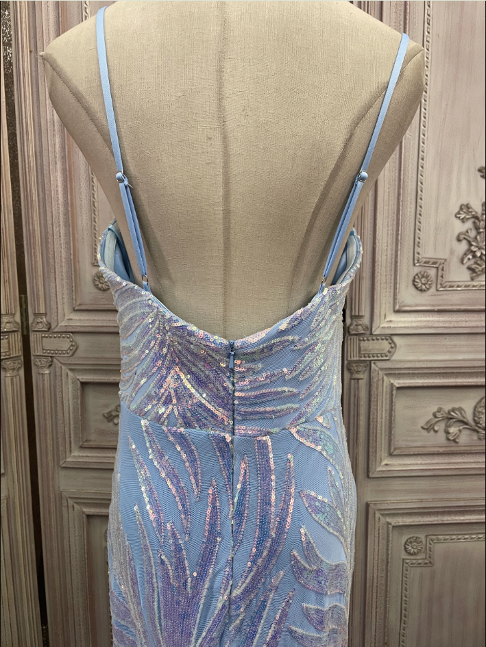 Dreamy Light Blue Ombre Mermaid Spaghetti Strap Iridescent Sequin Train Classy Prom Dress