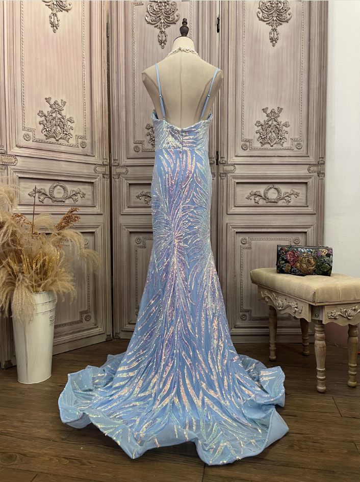 Dreamy Light Blue Ombre Mermaid Spaghetti Strap Iridescent Sequin Train Classy Prom Dress