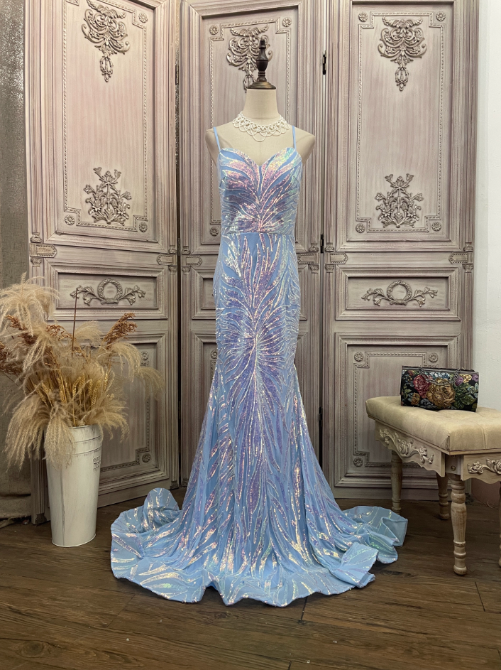 Dreamy Light Blue Ombre Mermaid Spaghetti Strap Iridescent Sequin Train Classy Prom Dress Main image