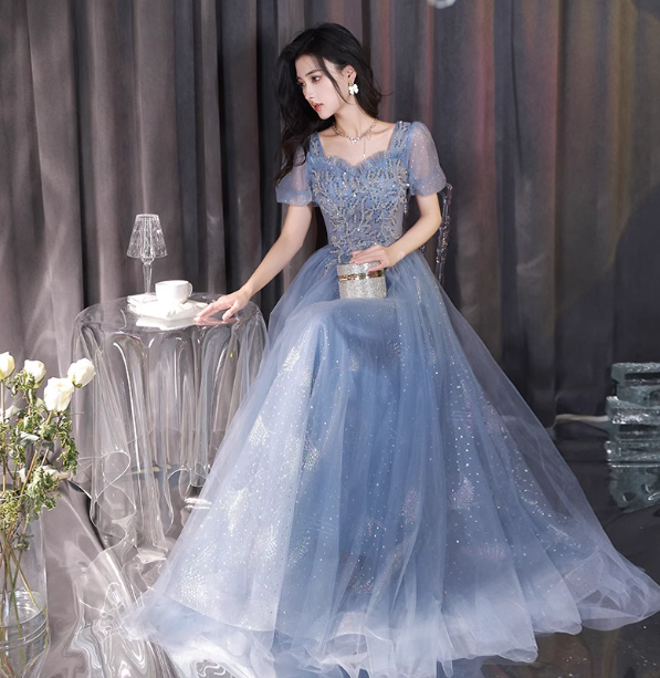 Dreamy Light Blue Square Neck Puff Sleeve A-Line Embroidered Sequined Tulle Long Classy Prom Dress Secondary image