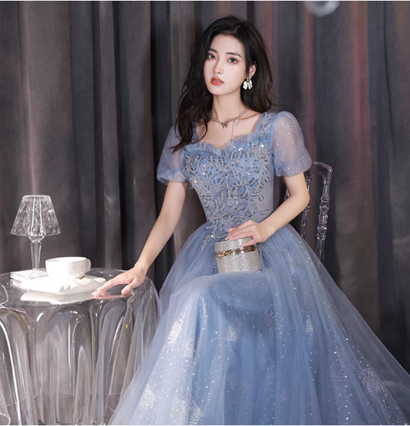 Dreamy Light Blue Square Neck Puff Sleeve A-Line Embroidered Sequined Tulle Long Classy Prom Dress