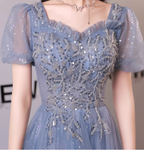 Dreamy Light Blue Square Neck Puff Sleeve A-Line Embroidered Sequined Tulle Long Classy Prom Dress
