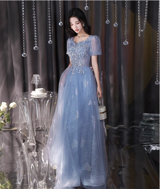 Dreamy Light Blue Square Neck Puff Sleeve A-Line Embroidered Sequined Tulle Long Classy Prom Dress Main image