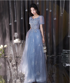 Dreamy Light Blue Square Neck Puff Sleeve A-Line Embroidered Sequined Tulle Long Classy Prom Dress