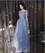 Dreamy Light Blue Square Neck Puff Sleeve A-Line Embroidered Sequined Tulle Long Classy Prom Dress