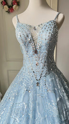 Dreamy Light Blue V-Neck Rhinestone Tulle Long Classy Prom Dress