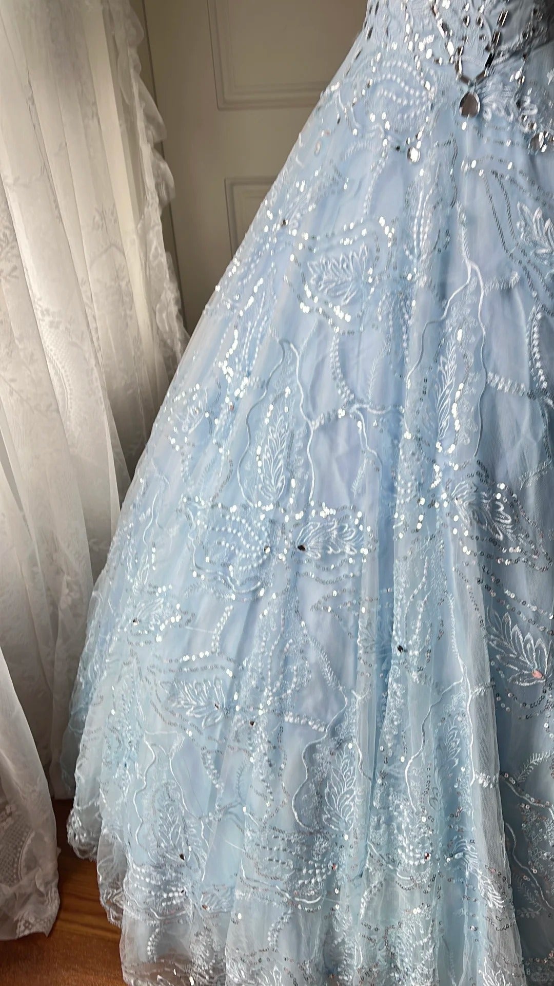 Dreamy Light Blue V-Neck Rhinestone Tulle Long Classy Prom Dress