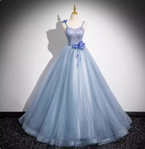 Dreamy Light Haze Blue Thin Strap 3D Floral Tulle Ball Gown Prom Dress Sweet 16 Dress Secondary image