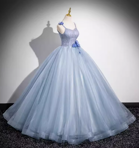Dreamy Light Haze Blue Thin Strap 3D Floral Tulle Ball Gown Prom Dress Sweet 16 Dress