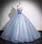 Dreamy Light Haze Blue Thin Strap 3D Floral Tulle Ball Gown Prom Dress Sweet 16 Dress