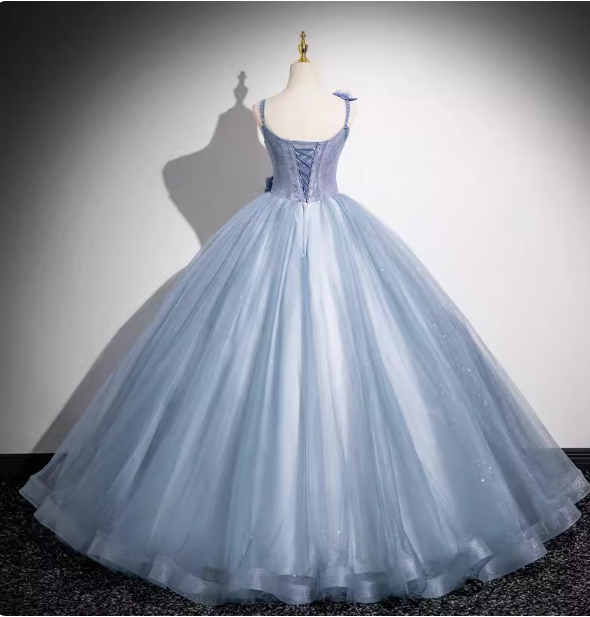 Dreamy Light Haze Blue Thin Strap 3D Floral Tulle Ball Gown Prom Dress Sweet 16 Dress